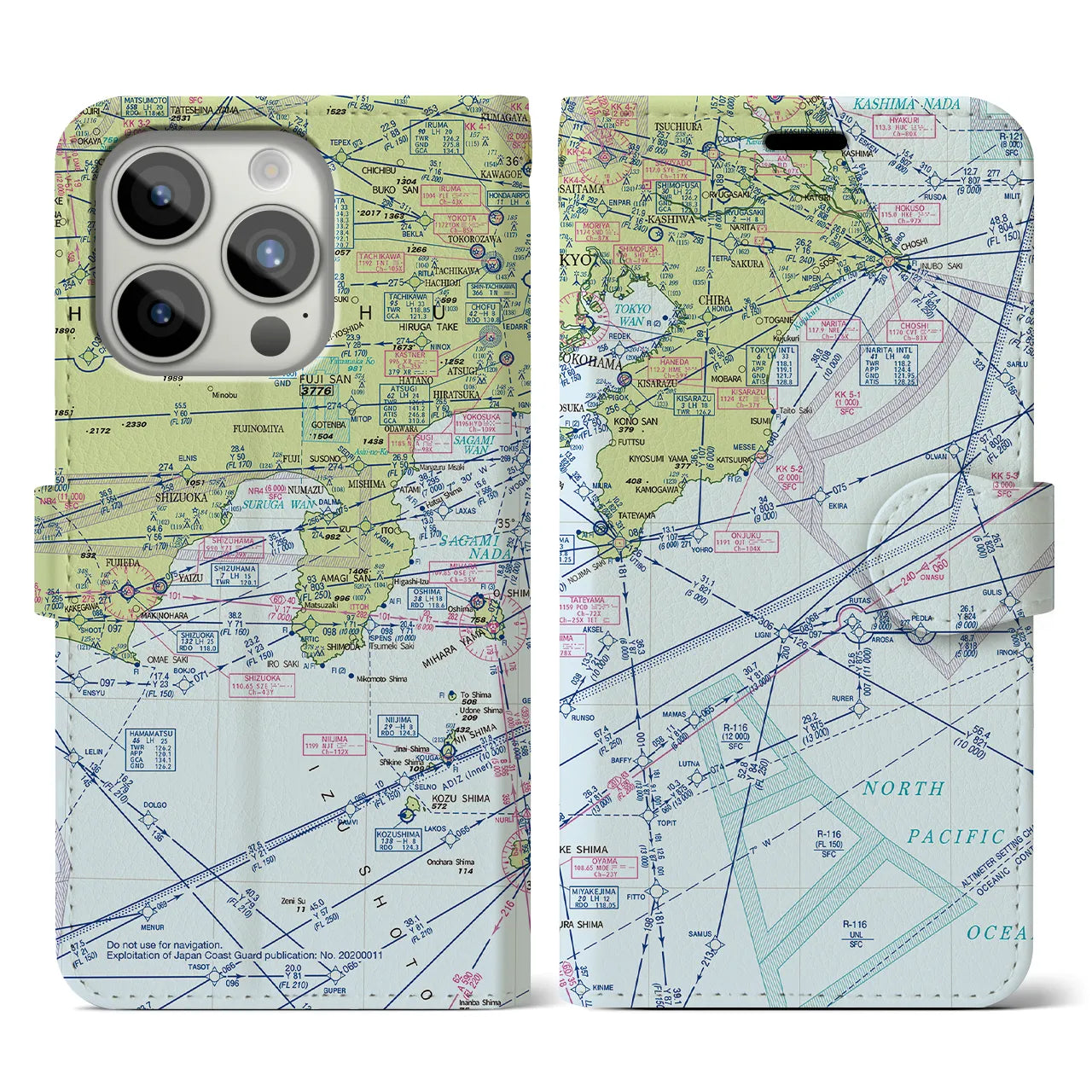 【東京航空図】地図柄iPhoneケース（手帳両面タイプ・デイタイムフライト）iPhone 15 Pro 用
