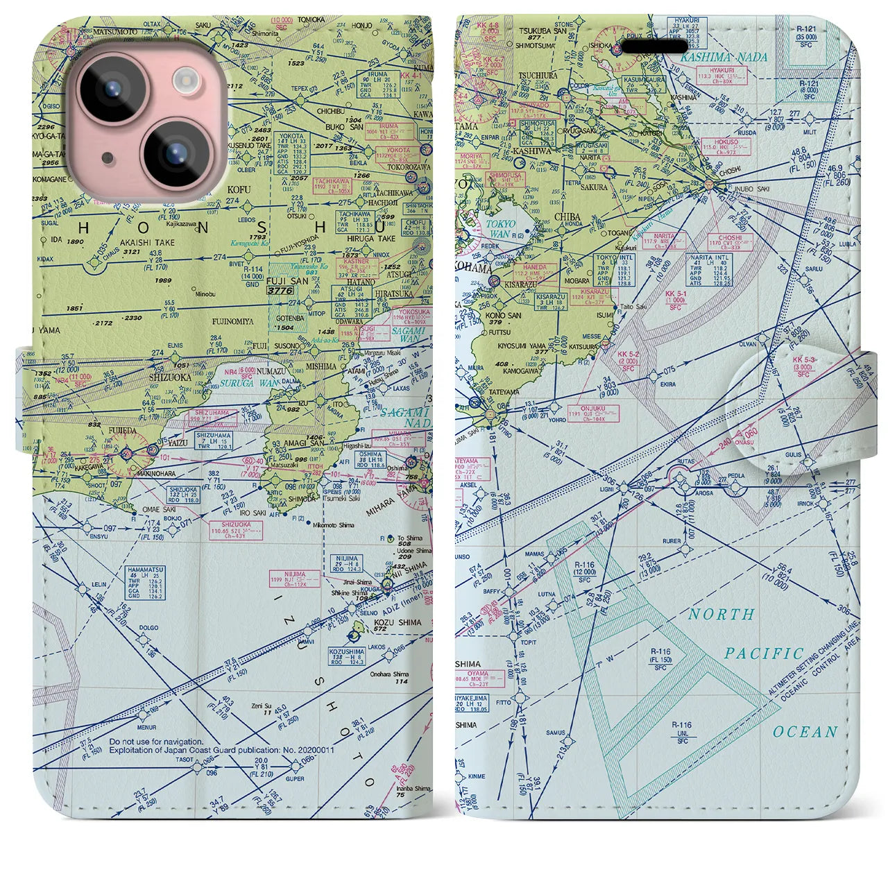 【東京航空図】地図柄iPhoneケース（手帳両面タイプ・デイタイムフライト）iPhone 15 Plus 用