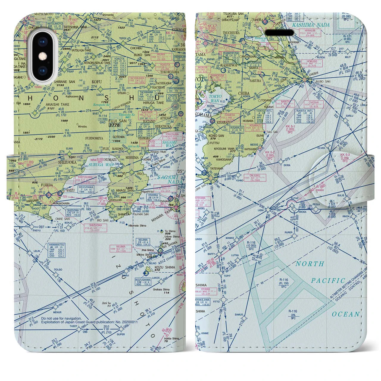 【東京航空図】地図柄iPhoneケース（手帳両面タイプ・デイタイムフライト）iPhone XS Max 用