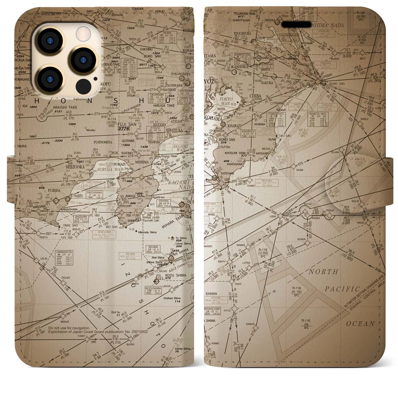 【東京航空図】地図柄iPhoneケース（手帳両面タイプ・セピア）iPhone 12 Pro Max 用