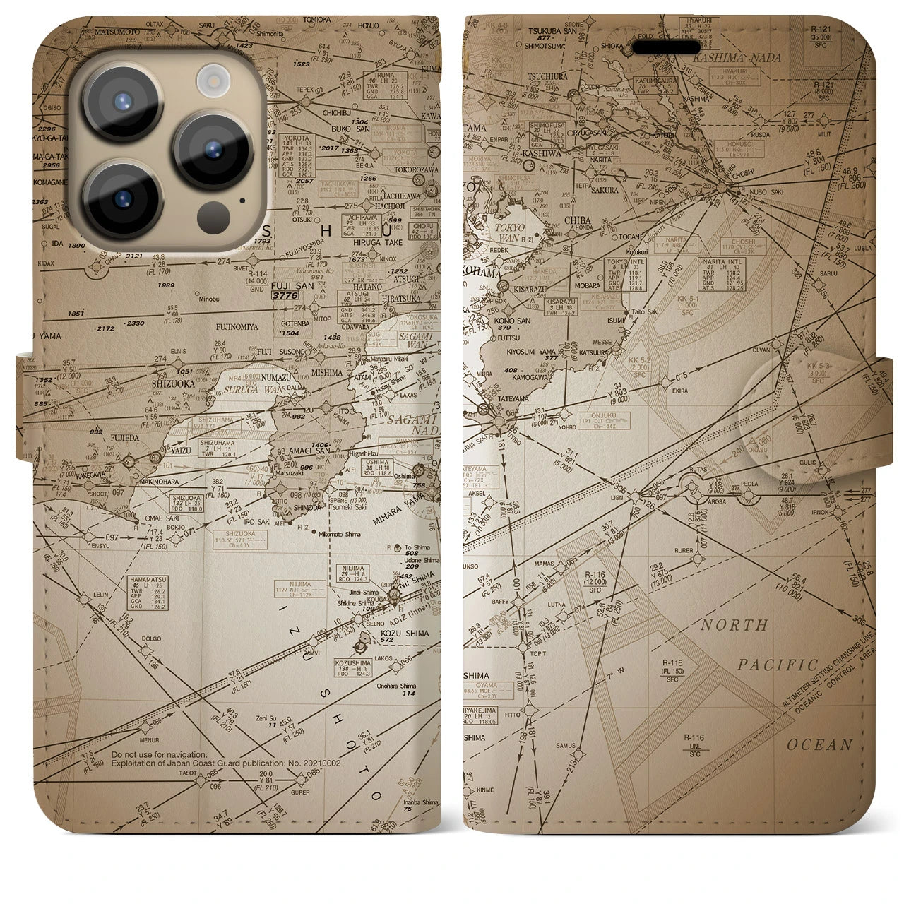 【東京航空図】地図柄iPhoneケース（手帳両面タイプ・セピア）iPhone 14 Pro Max 用