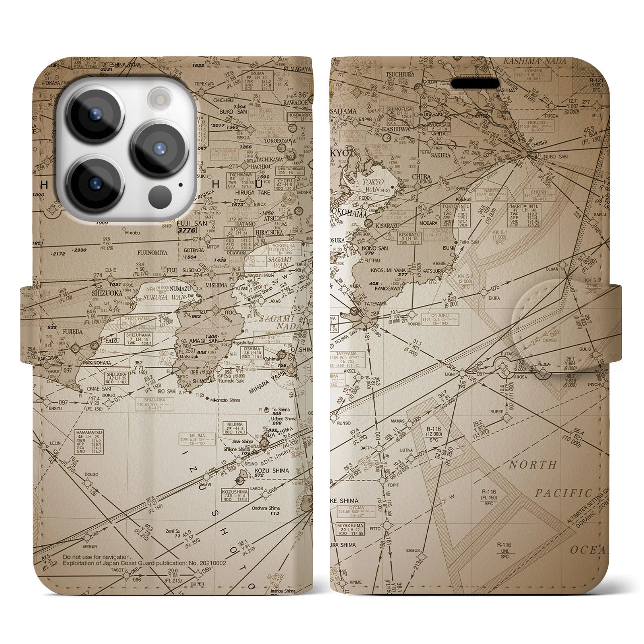 【東京航空図】地図柄iPhoneケース（手帳両面タイプ・セピア）iPhone 14 Pro 用