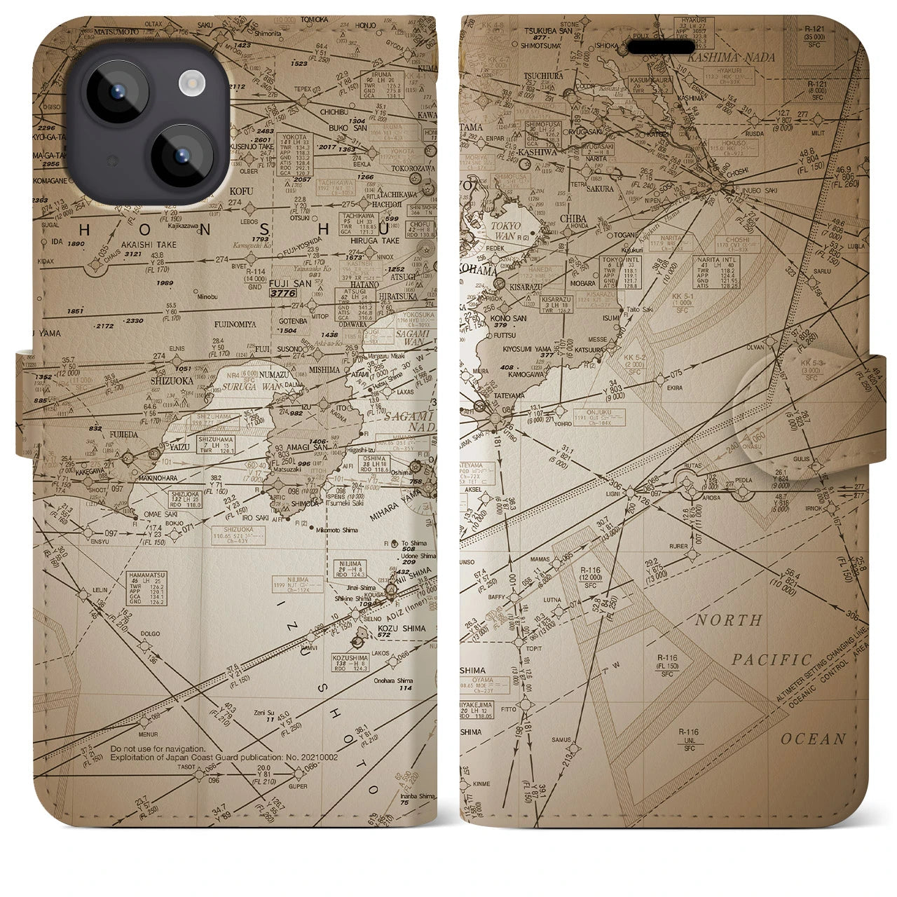 【東京航空図】地図柄iPhoneケース（手帳両面タイプ・セピア）iPhone 14 Plus 用