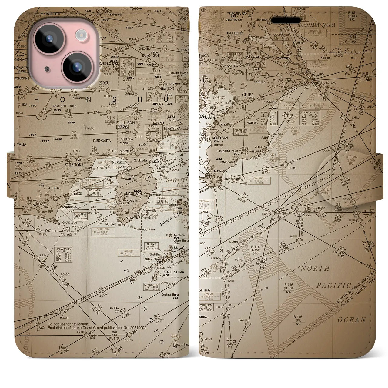 【東京航空図】地図柄iPhoneケース（手帳両面タイプ・セピア）iPhone 15 Plus 用