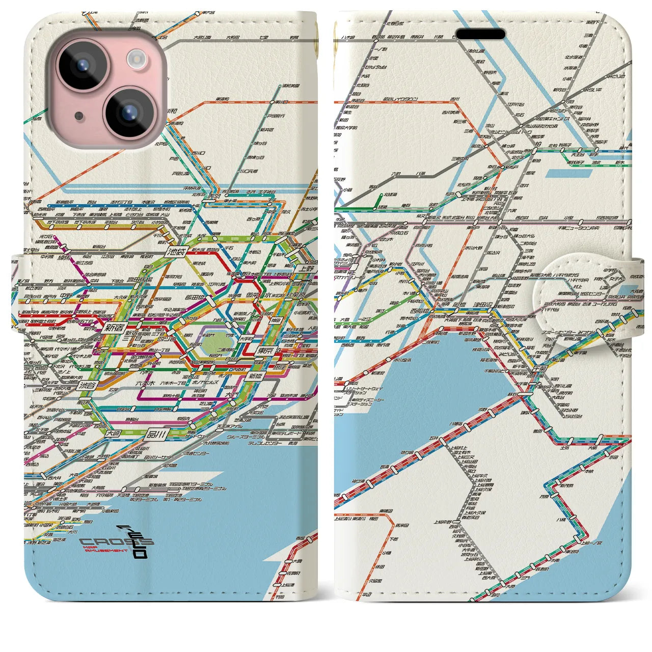 【東京東部路線図】地図柄iPhoneケース（手帳両面タイプ・ホワイト）iPhone 15 Plus 用