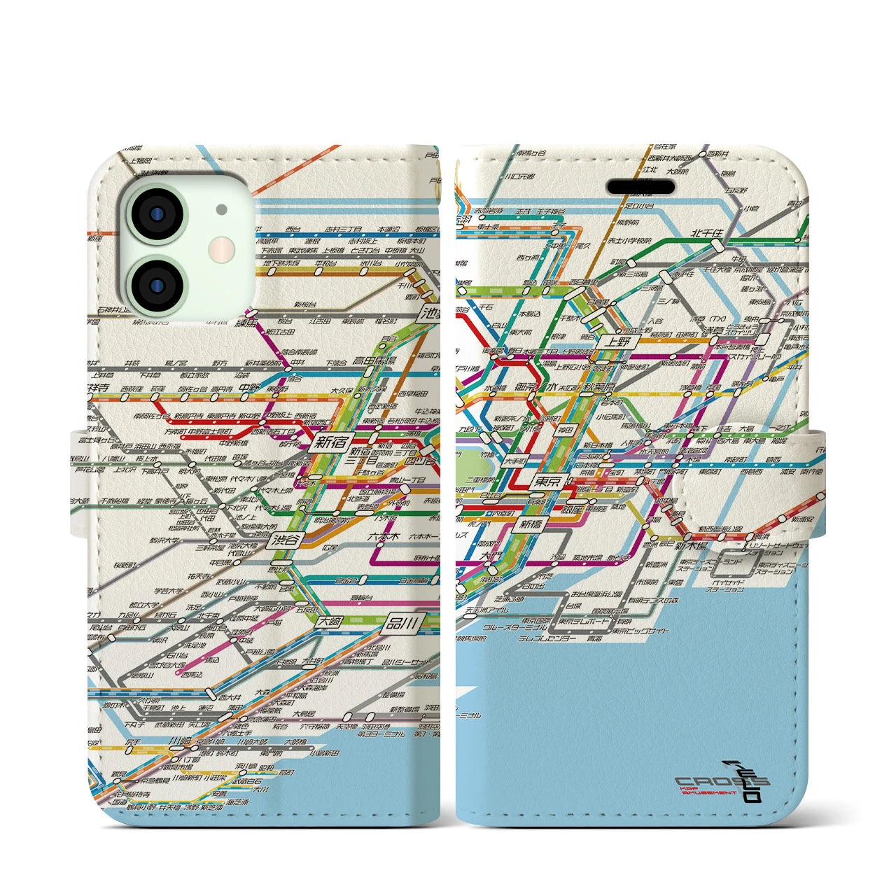 【東京路線図】地図柄iPhoneケース（手帳両面タイプ・ホワイト）iPhone 12 mini 用