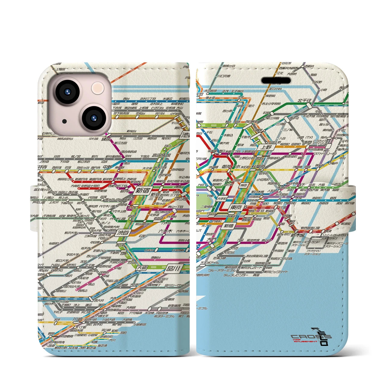 【東京路線図】地図柄iPhoneケース（手帳両面タイプ・ホワイト）iPhone 13 mini 用