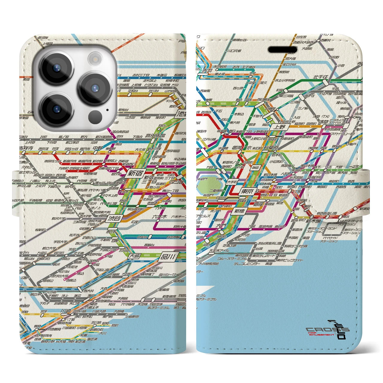 【東京路線図】地図柄iPhoneケース（手帳両面タイプ・ホワイト）iPhone 14 Pro 用