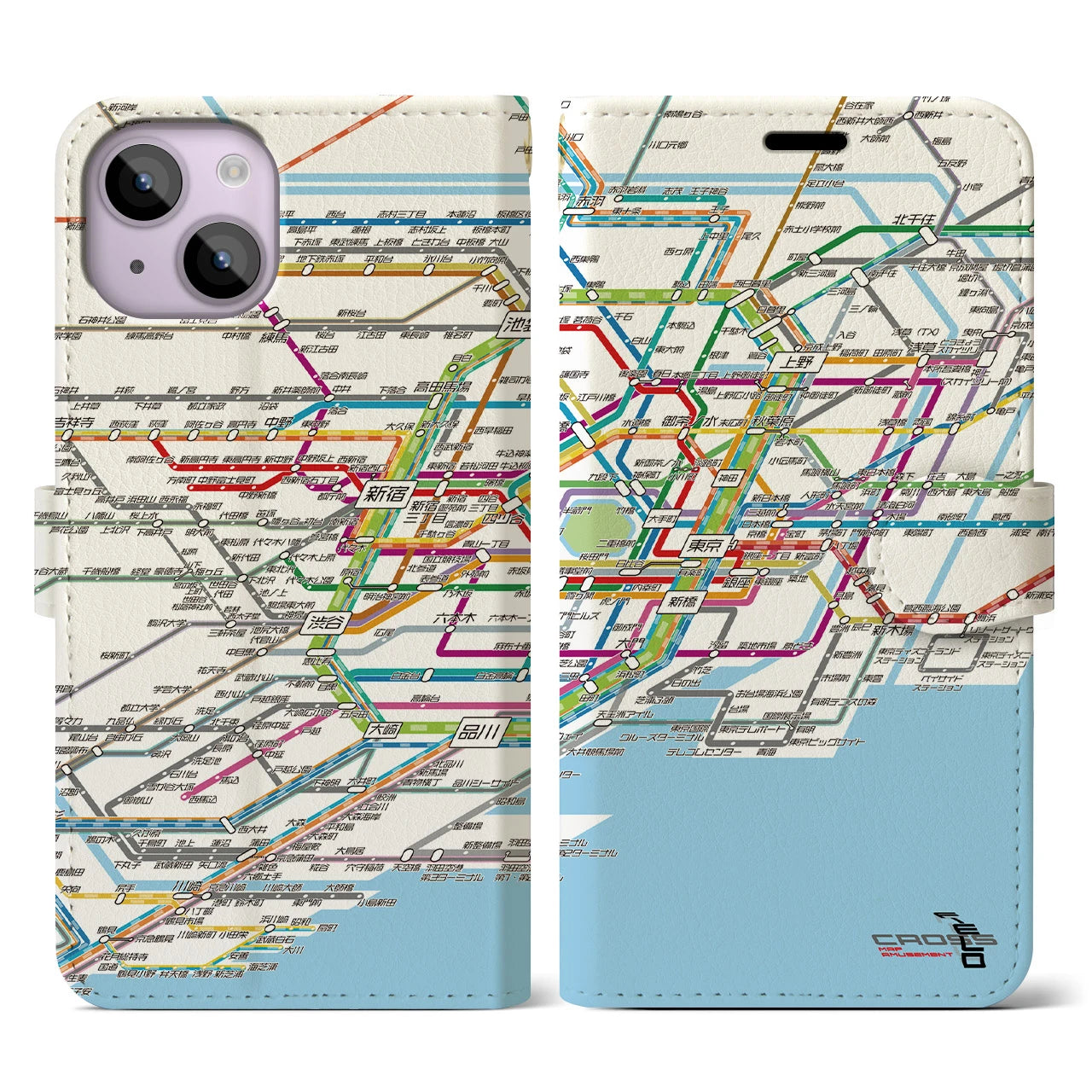 【東京路線図】地図柄iPhoneケース（手帳両面タイプ・ホワイト）iPhone 14 用