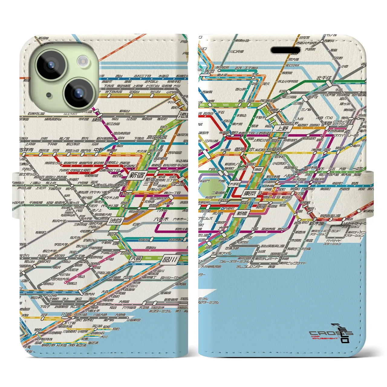 【東京路線図】地図柄iPhoneケース（手帳両面タイプ・ホワイト）iPhone 15 用