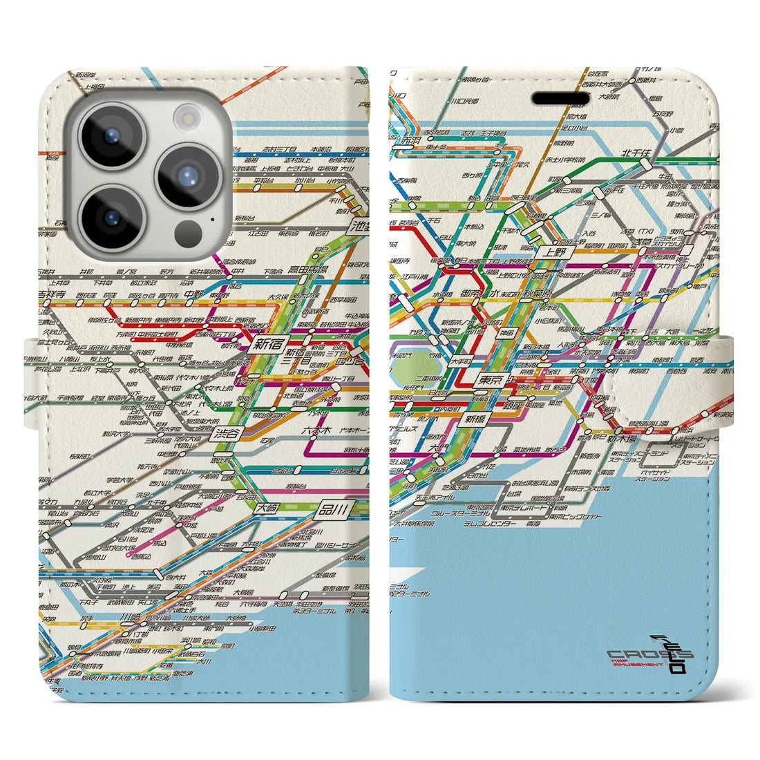 【東京路線図】地図柄iPhoneケース（手帳両面タイプ・ホワイト）iPhone 15 Pro 用