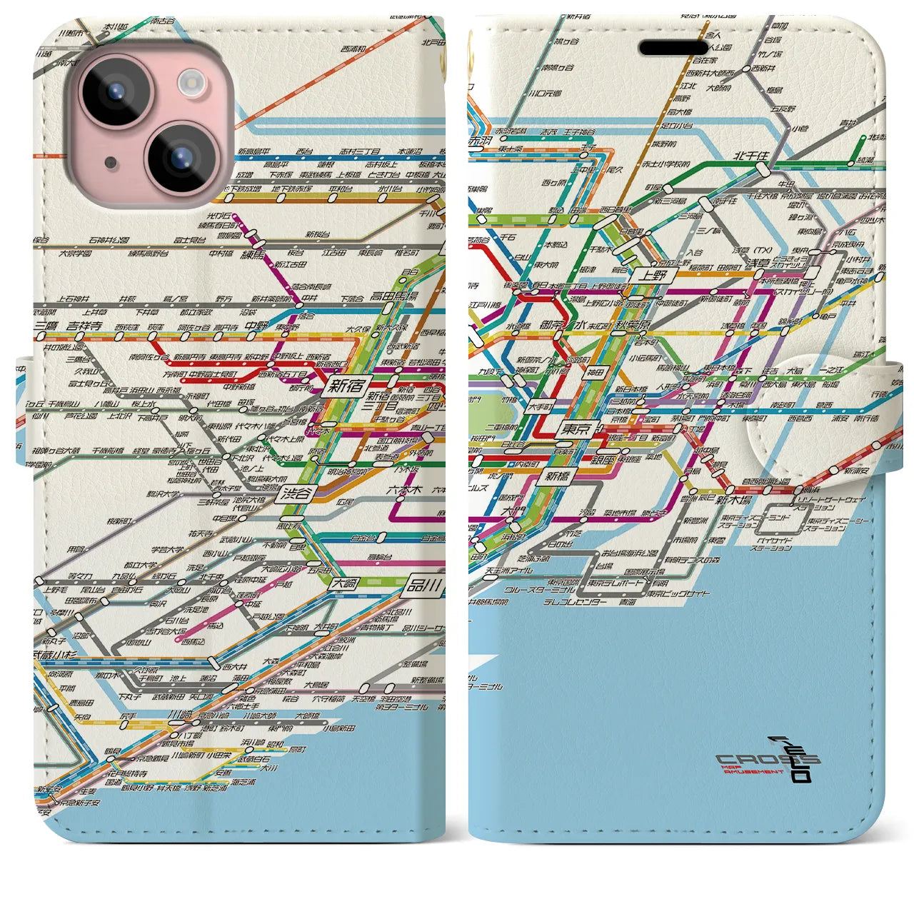 【東京路線図】地図柄iPhoneケース（手帳両面タイプ・ホワイト）iPhone 15 Plus 用