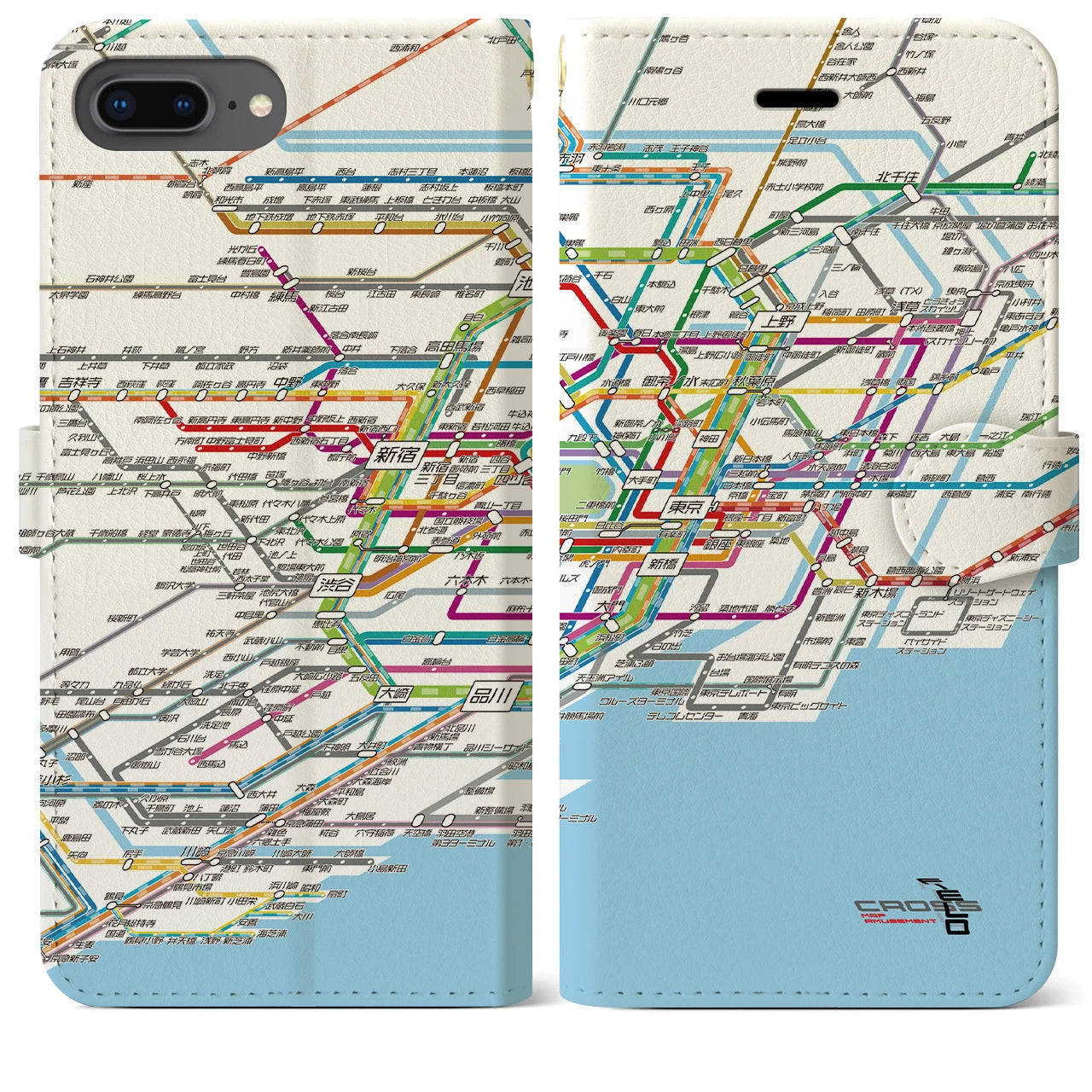 【東京路線図】地図柄iPhoneケース（手帳両面タイプ・ホワイト）iPhone 8Plus /7Plus / 6sPlus / 6Plus 用