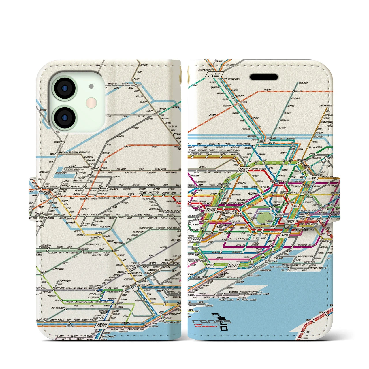 【東京西部路線図】地図柄iPhoneケース（手帳両面タイプ・ホワイト）iPhone 12 mini 用