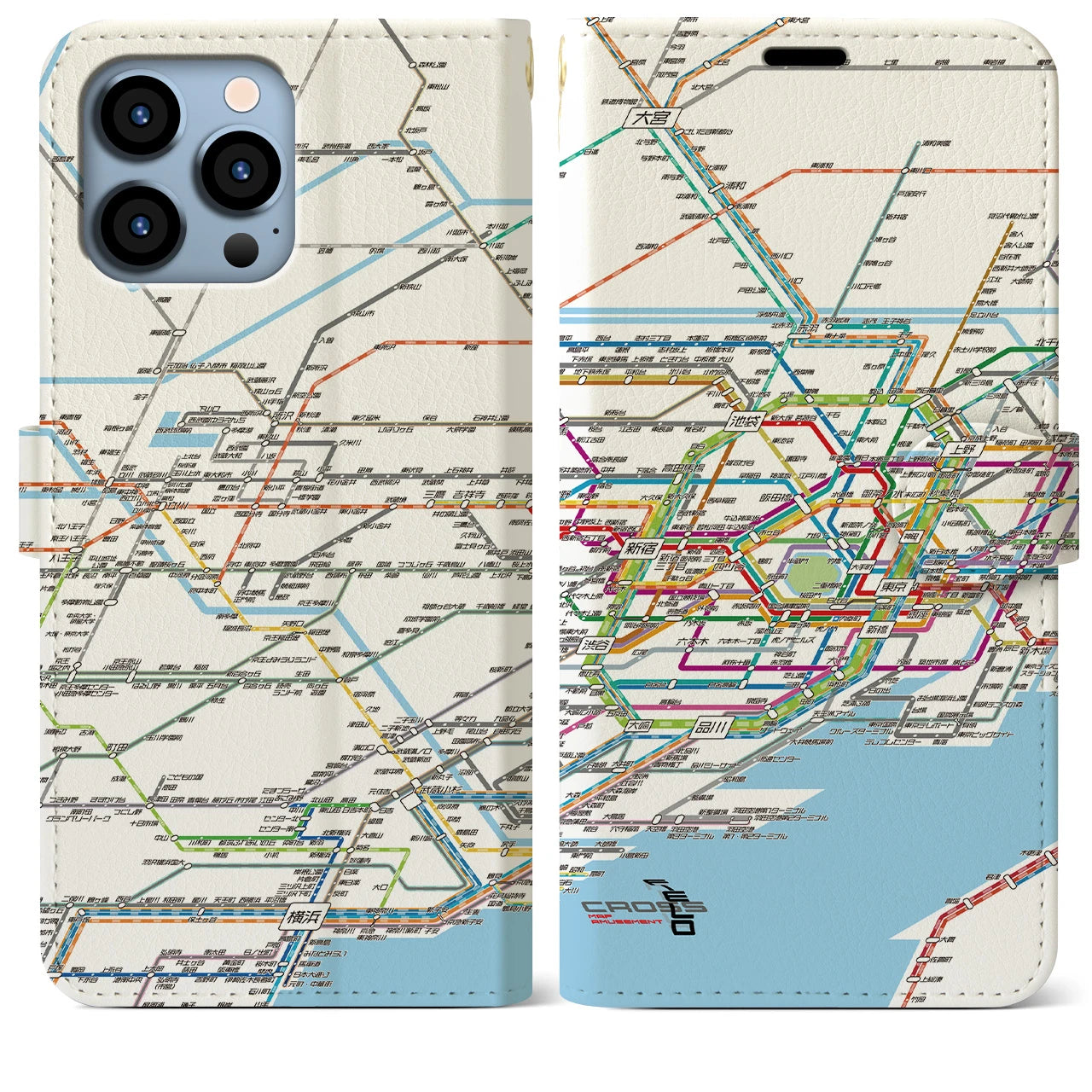 【東京西部路線図】地図柄iPhoneケース（手帳両面タイプ・ホワイト）iPhone 13 Pro Max 用