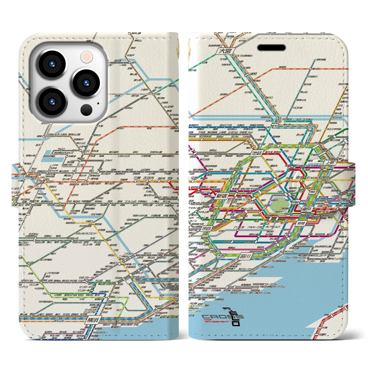 【東京西部路線図】地図柄iPhoneケース（手帳両面タイプ・ホワイト）iPhone 13 Pro 用