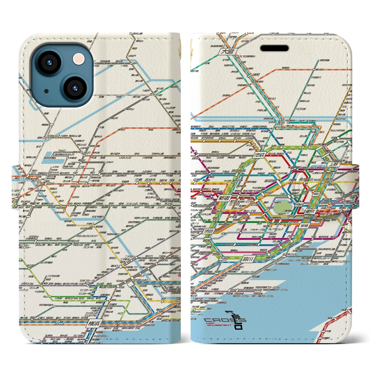 【東京西部路線図】地図柄iPhoneケース（手帳両面タイプ・ホワイト）iPhone 13 用
