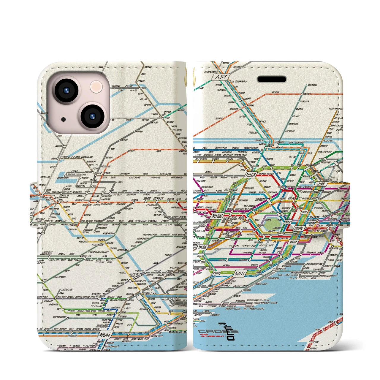 【東京西部路線図】地図柄iPhoneケース（手帳両面タイプ・ホワイト）iPhone 13 mini 用