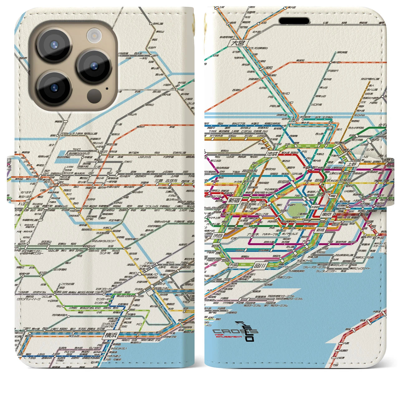 【東京西部路線図】地図柄iPhoneケース（手帳両面タイプ・ホワイト）iPhone 14 Pro Max 用