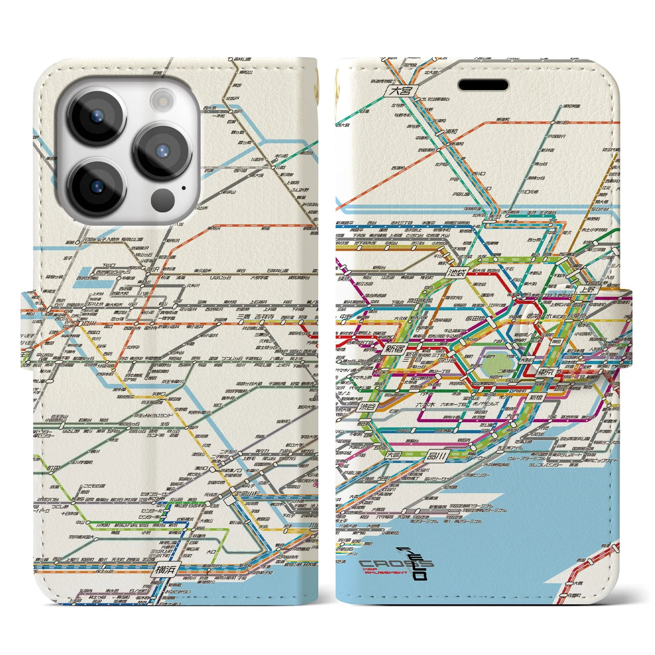 【東京西部路線図】地図柄iPhoneケース（手帳両面タイプ・ホワイト）iPhone 14 Pro 用