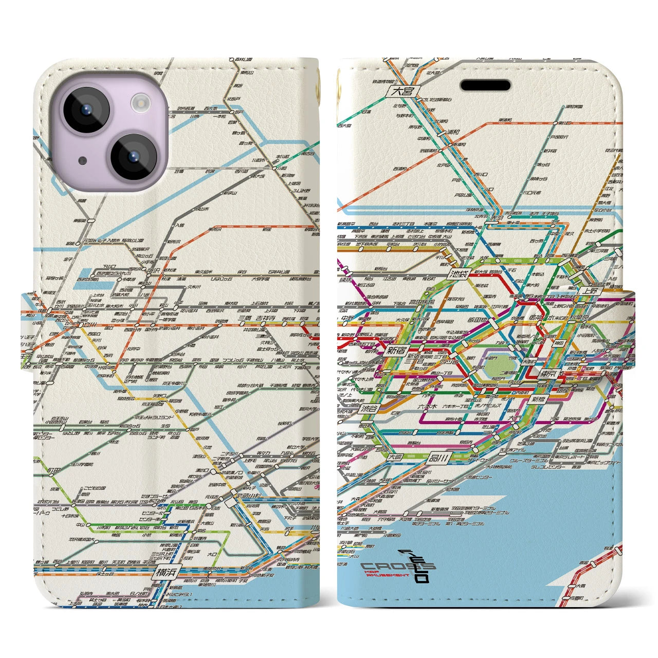 【東京西部路線図】地図柄iPhoneケース（手帳両面タイプ・ホワイト）iPhone 14 用