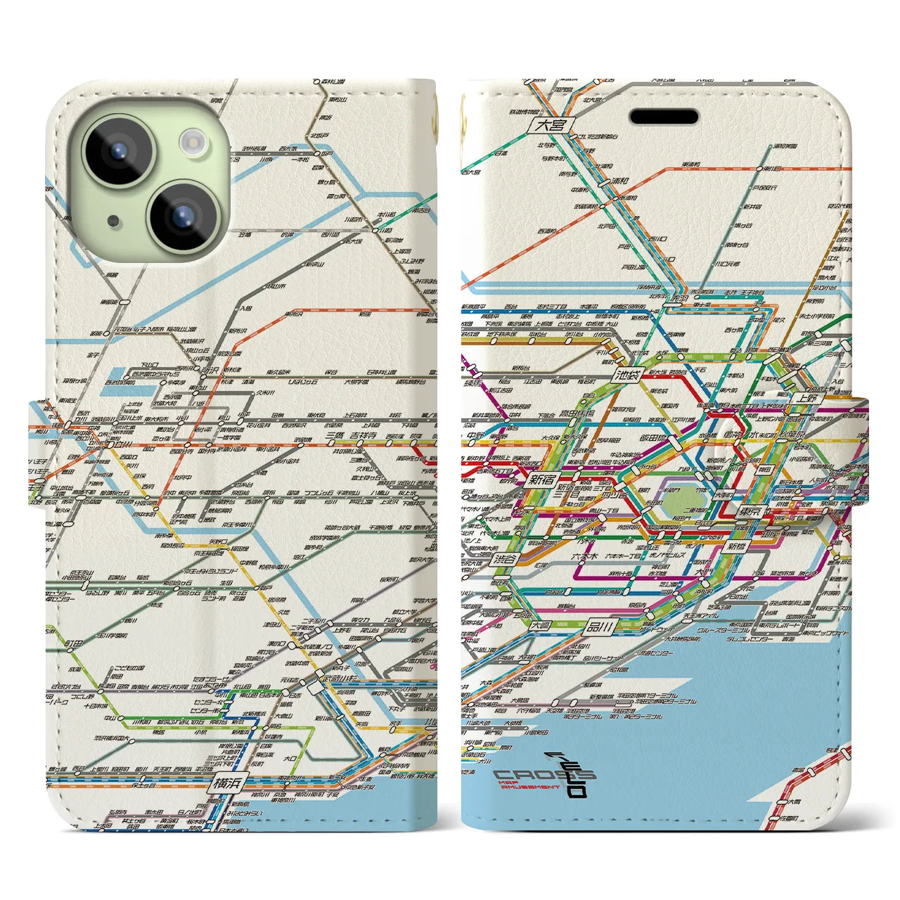 【東京西部路線図】地図柄iPhoneケース（手帳両面タイプ・ホワイト）iPhone 15 用