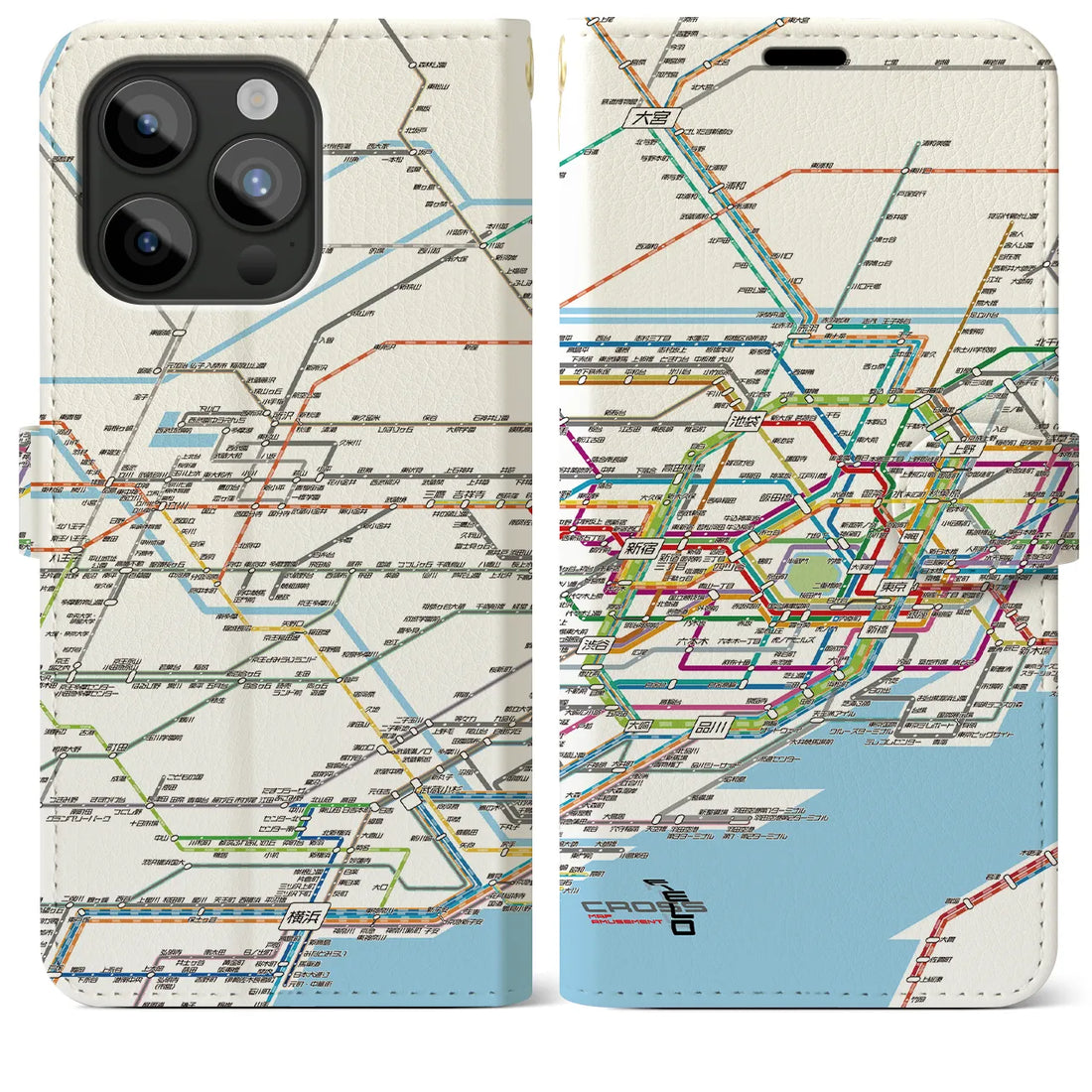 【東京西部路線図】地図柄iPhoneケース（手帳両面タイプ・ホワイト）iPhone 15 Pro Max 用