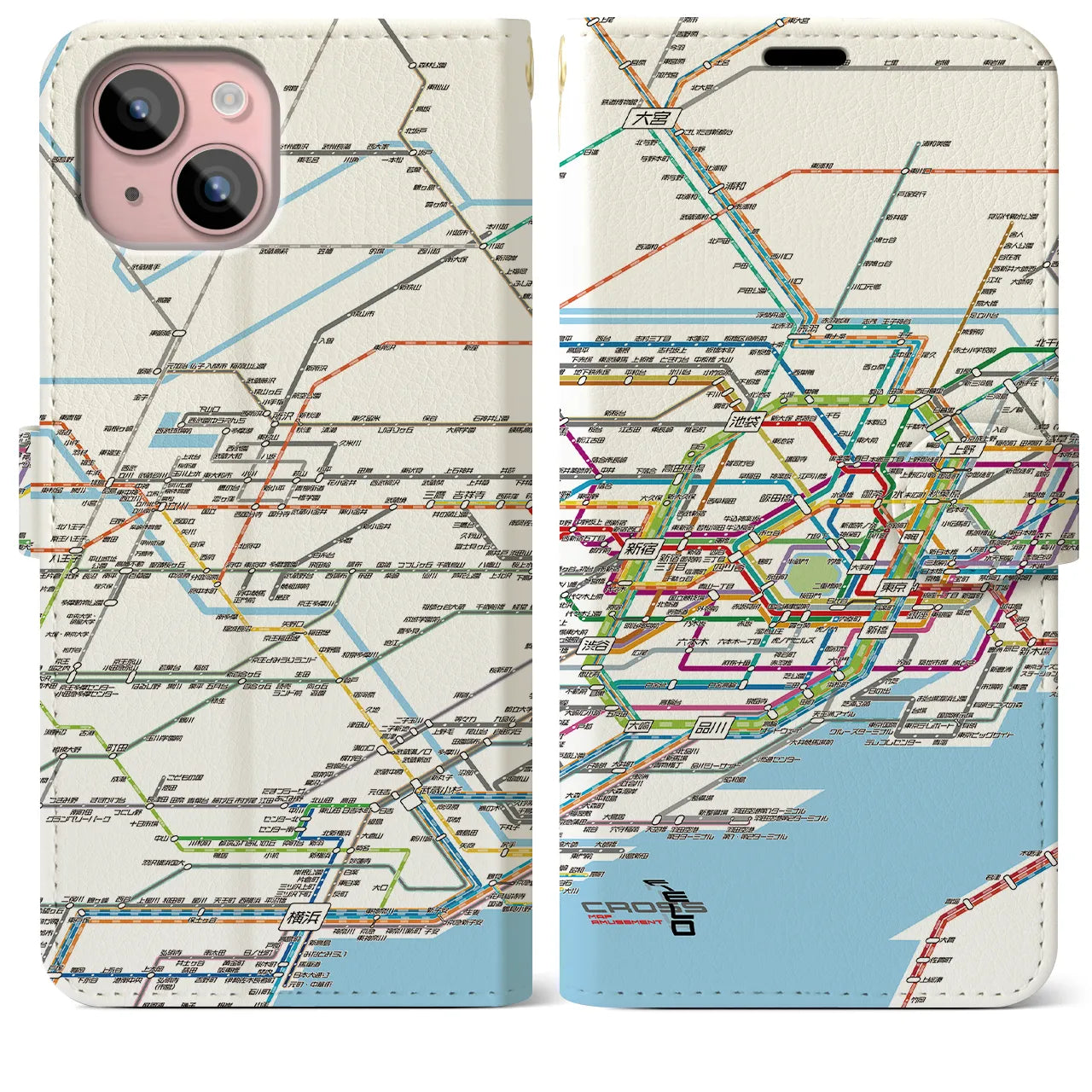 【東京西部路線図】地図柄iPhoneケース（手帳両面タイプ・ホワイト）iPhone 15 Plus 用