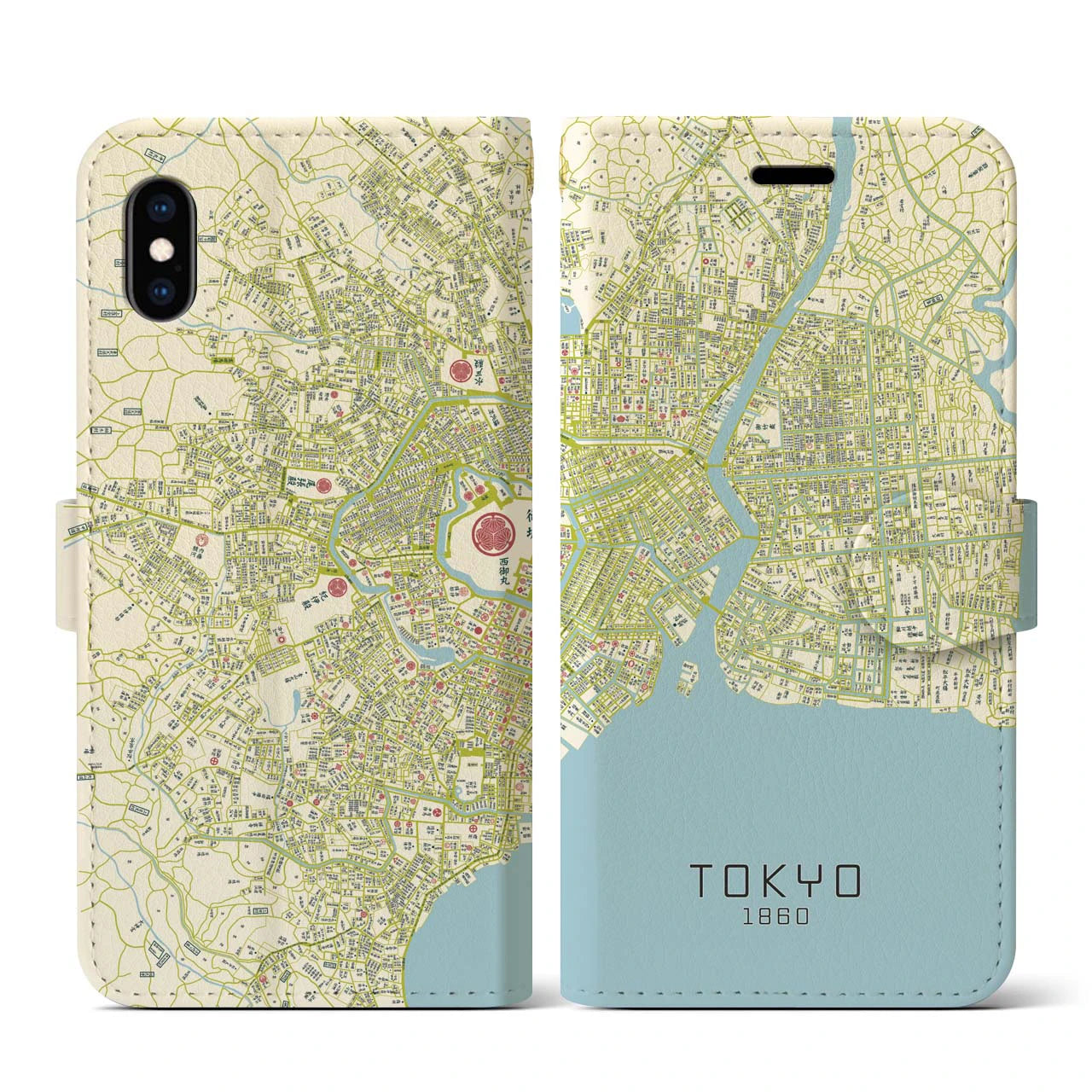 【東京1860】地図柄iPhoneケース（手帳両面タイプ・ナチュラル）iPhone XS / X 用