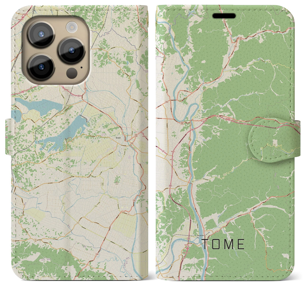 【登米】地図柄iPhoneケース（手帳両面タイプ・ナチュラル）iPhone 14 Pro Max 用