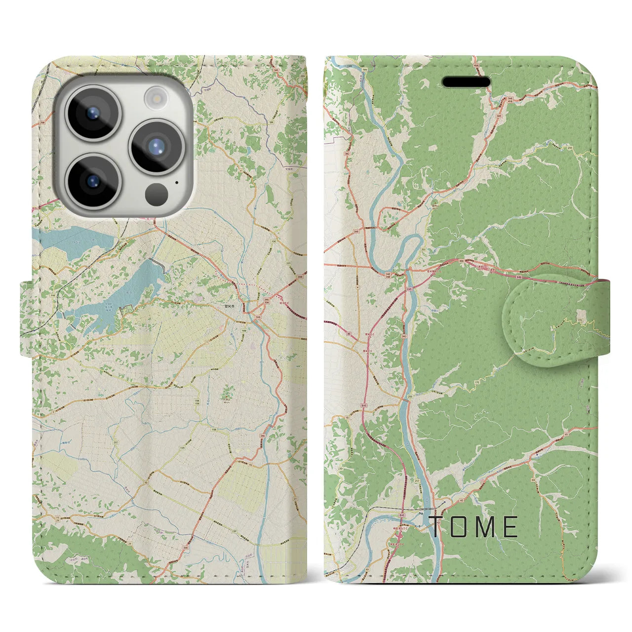 【登米】地図柄iPhoneケース（手帳両面タイプ・ナチュラル）iPhone 15 Pro 用