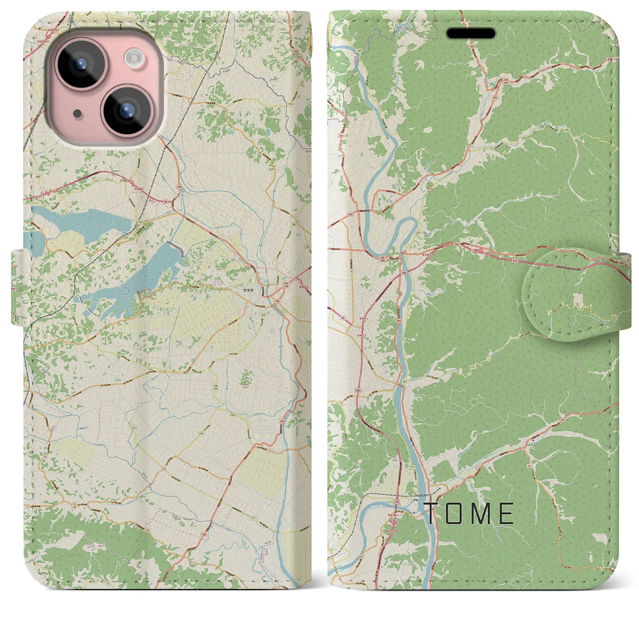 【登米】地図柄iPhoneケース（手帳両面タイプ・ナチュラル）iPhone 15 Plus 用