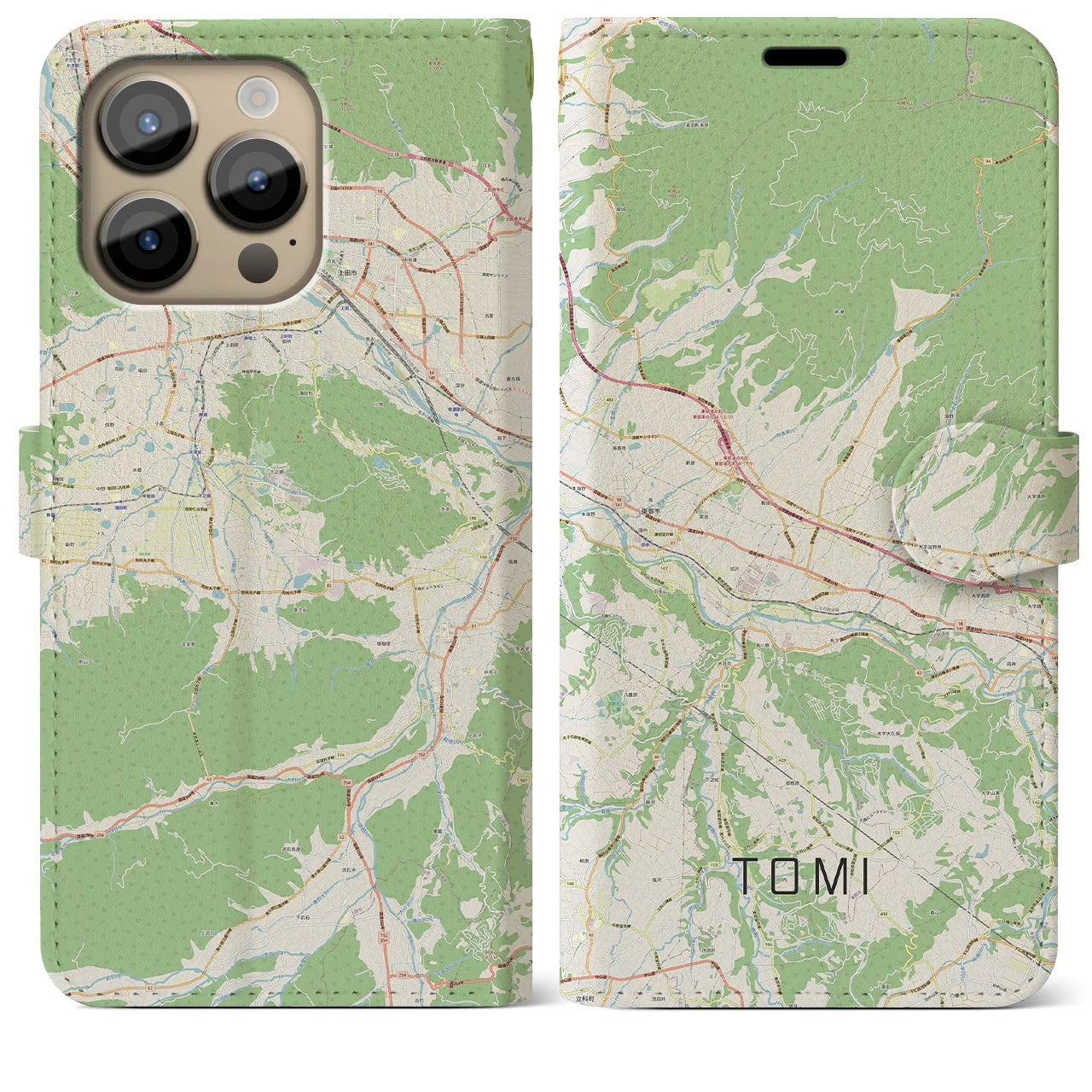 【東御（長野県）】地図柄iPhoneケース（手帳タイプ）ナチュラル・iPhone 14 Pro Max 用
