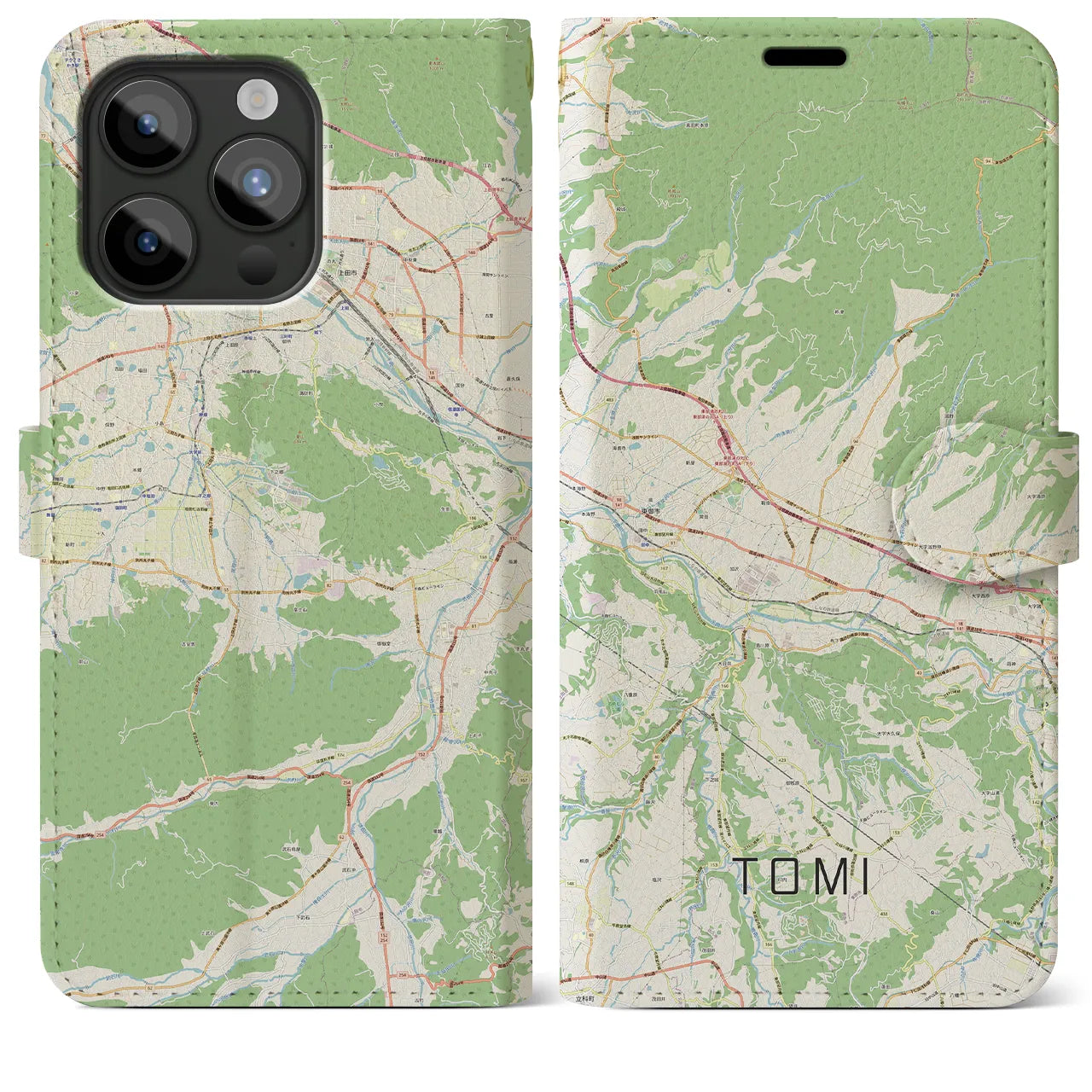 【東御（長野県）】地図柄iPhoneケース（手帳タイプ）ナチュラル・iPhone 15 Pro Max 用