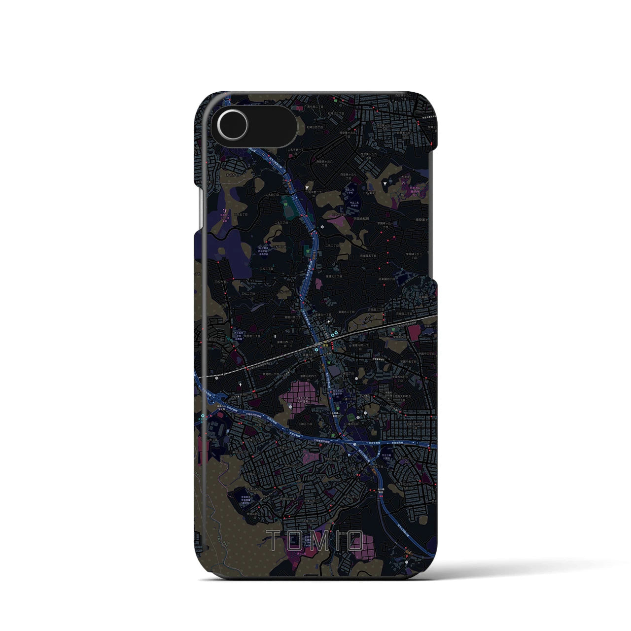 【富雄】地図柄iPhoneケース（バックカバータイプ・ブラック）iPhone SE（第3 / 第2世代） / 8 / 7 / 6s / 6 用
