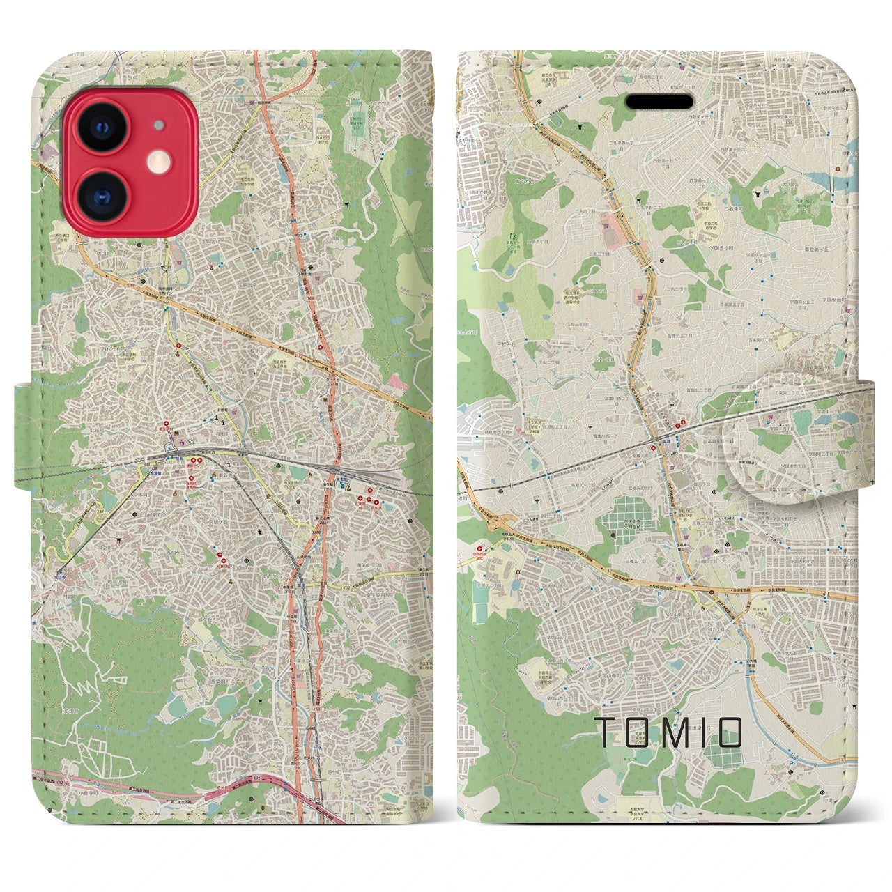 【富雄】地図柄iPhoneケース（手帳両面タイプ・ナチュラル）iPhone 11 用