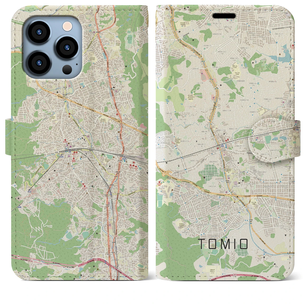 【富雄】地図柄iPhoneケース（手帳両面タイプ・ナチュラル）iPhone 13 Pro Max 用
