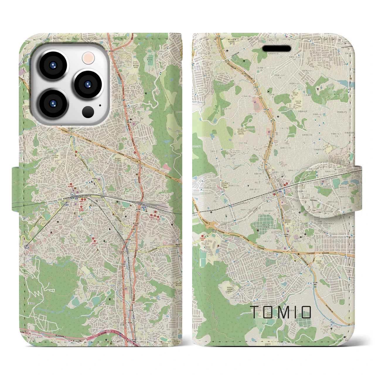 【富雄】地図柄iPhoneケース（手帳両面タイプ・ナチュラル）iPhone 13 Pro 用