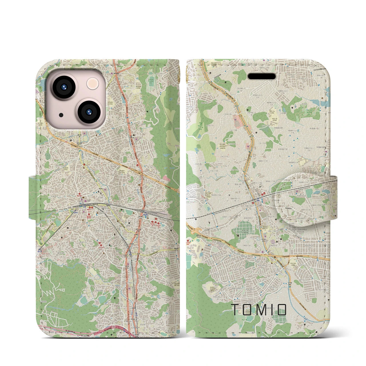 【富雄】地図柄iPhoneケース（手帳両面タイプ・ナチュラル）iPhone 13 mini 用