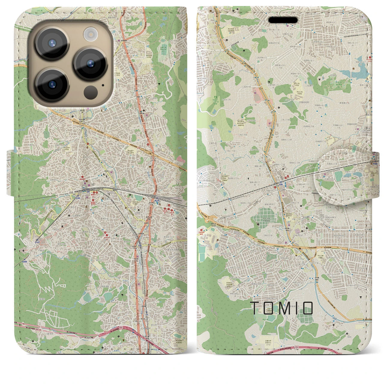 【富雄】地図柄iPhoneケース（手帳両面タイプ・ナチュラル）iPhone 14 Pro Max 用
