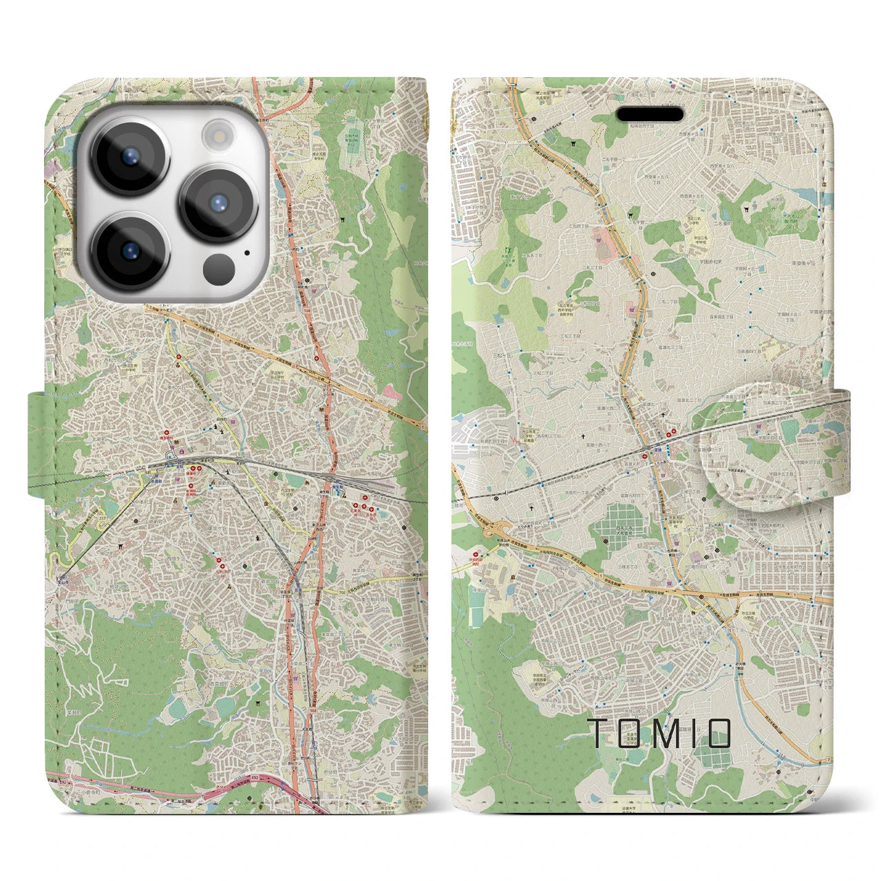 【富雄】地図柄iPhoneケース（手帳両面タイプ・ナチュラル）iPhone 14 Pro 用