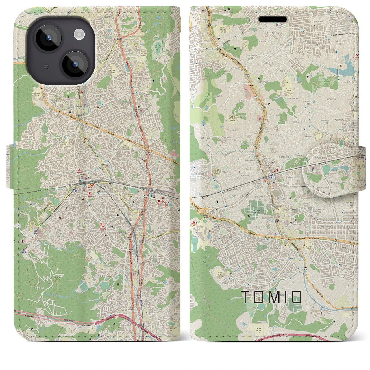【富雄】地図柄iPhoneケース（手帳両面タイプ・ナチュラル）iPhone 14 Plus 用