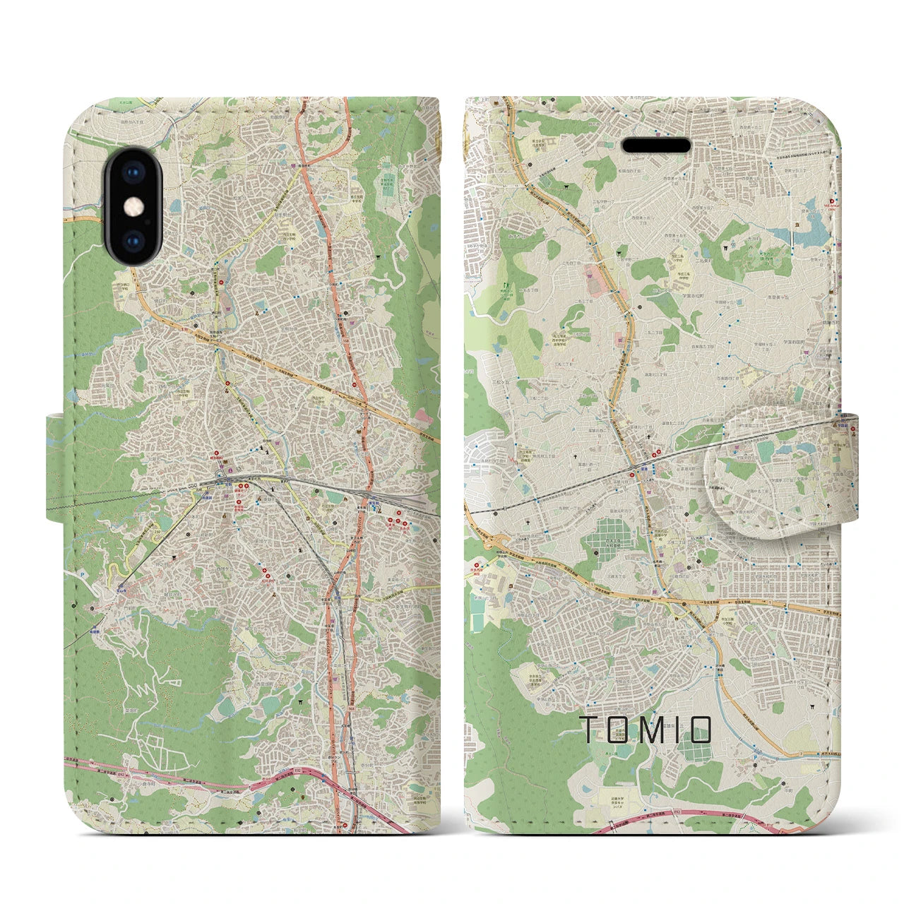 【富雄】地図柄iPhoneケース（手帳両面タイプ・ナチュラル）iPhone XS / X 用