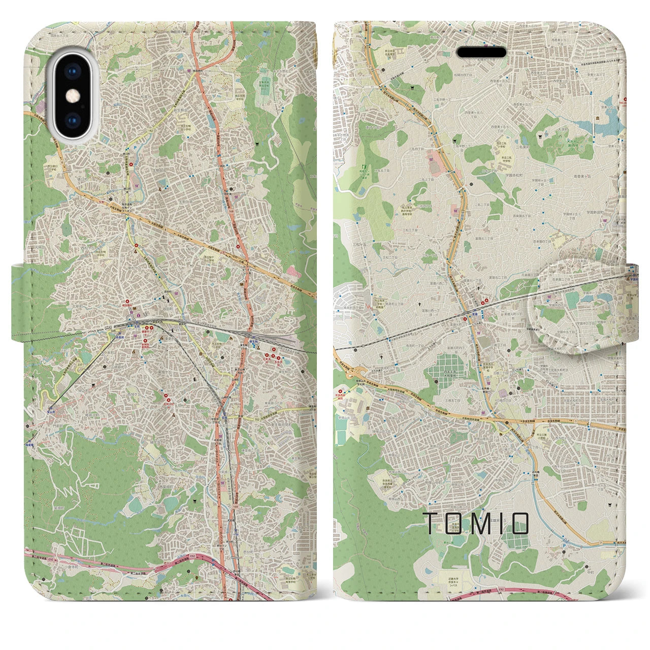 【富雄】地図柄iPhoneケース（手帳両面タイプ・ナチュラル）iPhone XS Max 用