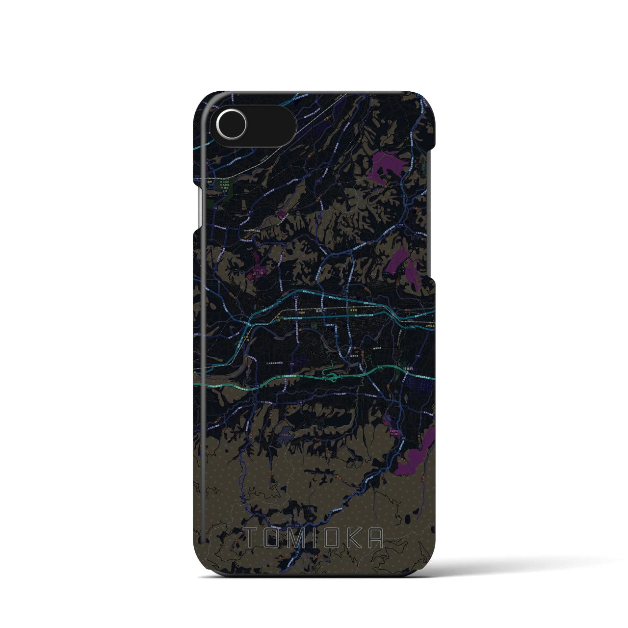 【富岡】地図柄iPhoneケース（バックカバータイプ・ブラック）iPhone SE（第3 / 第2世代） / 8 / 7 / 6s / 6 用