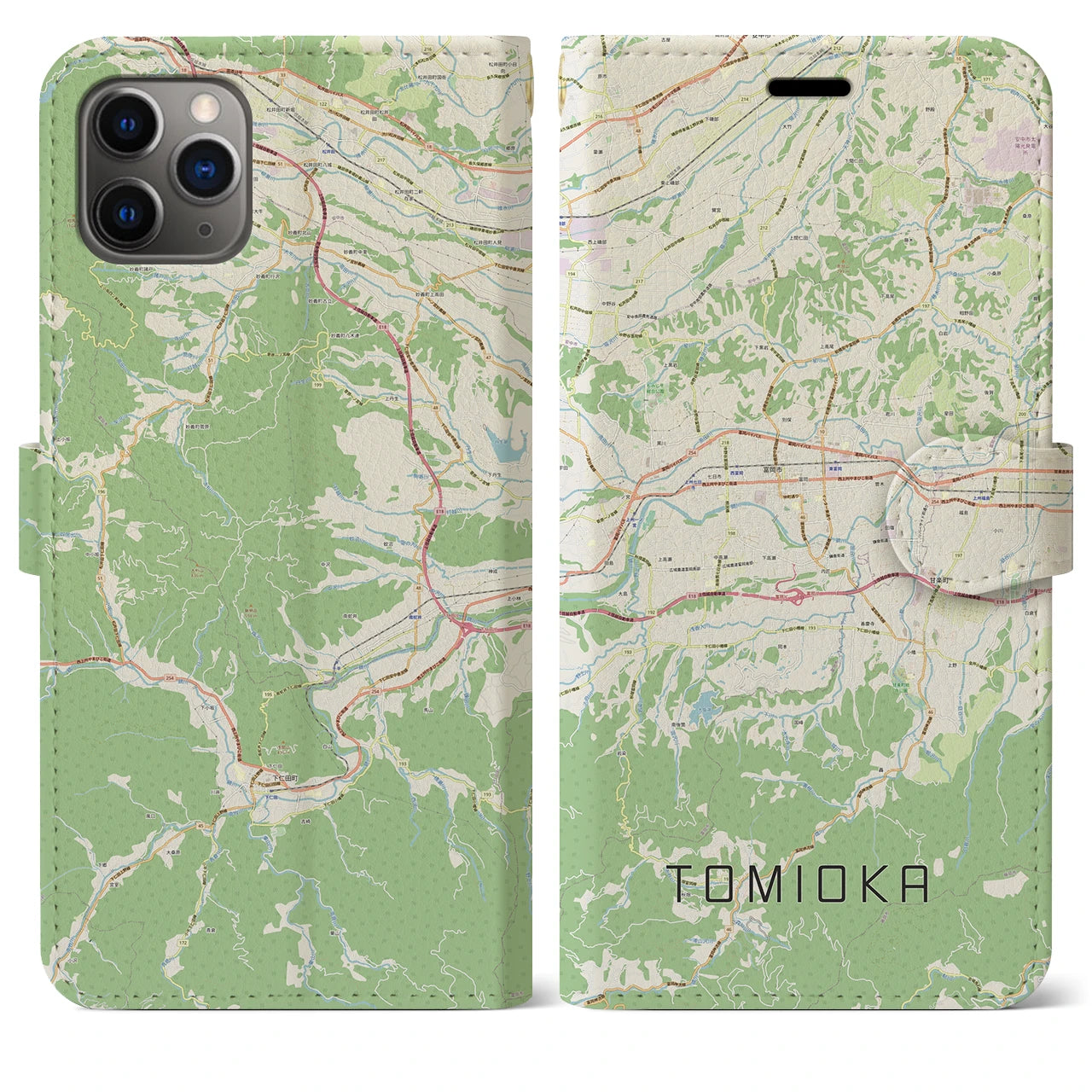 【富岡】地図柄iPhoneケース（手帳両面タイプ・ナチュラル）iPhone 11 Pro Max 用