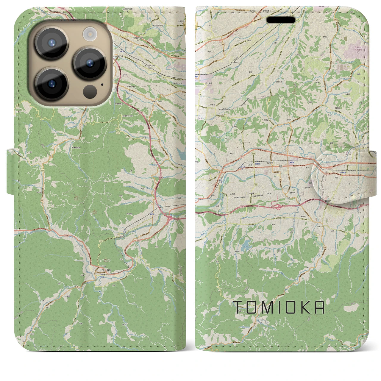 【富岡】地図柄iPhoneケース（手帳両面タイプ・ナチュラル）iPhone 14 Pro Max 用