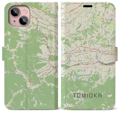 【富岡（群馬県）】地図柄iPhoneケース（手帳タイプ）ナチュラル・iPhone 15 Plus 用