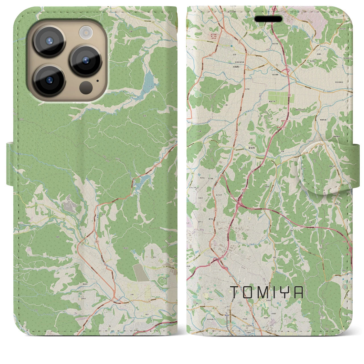 【富谷】地図柄iPhoneケース（手帳両面タイプ・ナチュラル）iPhone 14 Pro Max 用