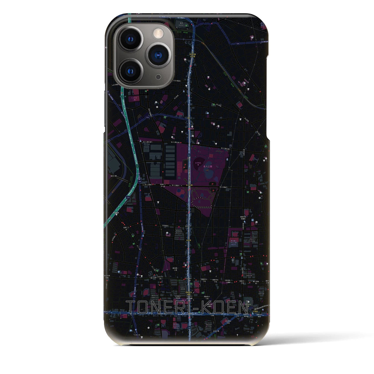 【舎人公園】地図柄iPhoneケース（バックカバータイプ・ブラック）iPhone 11 Pro Max 用